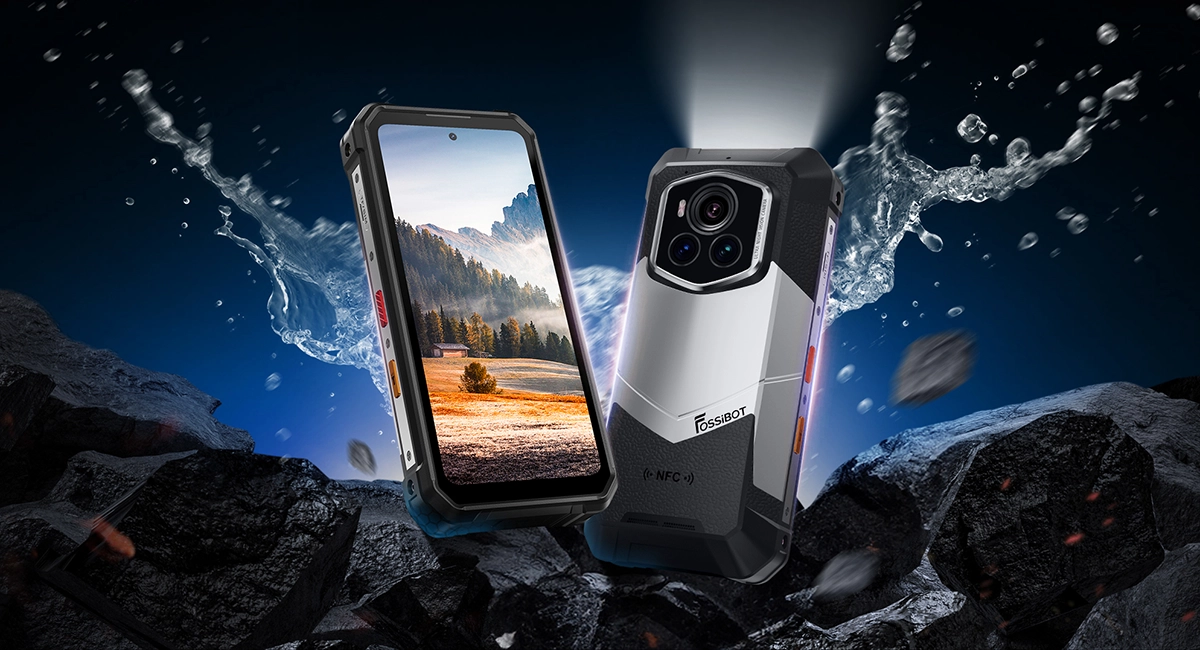 FOSSiBOT F107 Pro 5G - przód i tył na tle skał i rozbryzgującej wody
